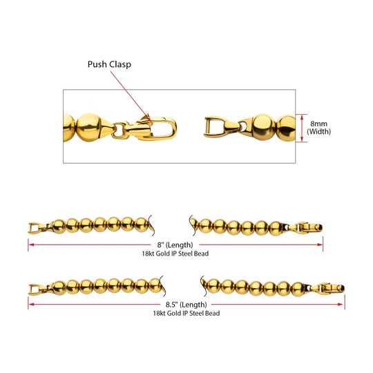 Men's 8mm 18K Gold IP Stainless Steel Bead Bracelet