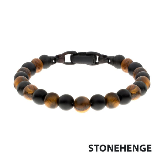 Men’s 8mm Tiger Eye & Onyx Bead Bracelet with Matte Black Stainless Steel