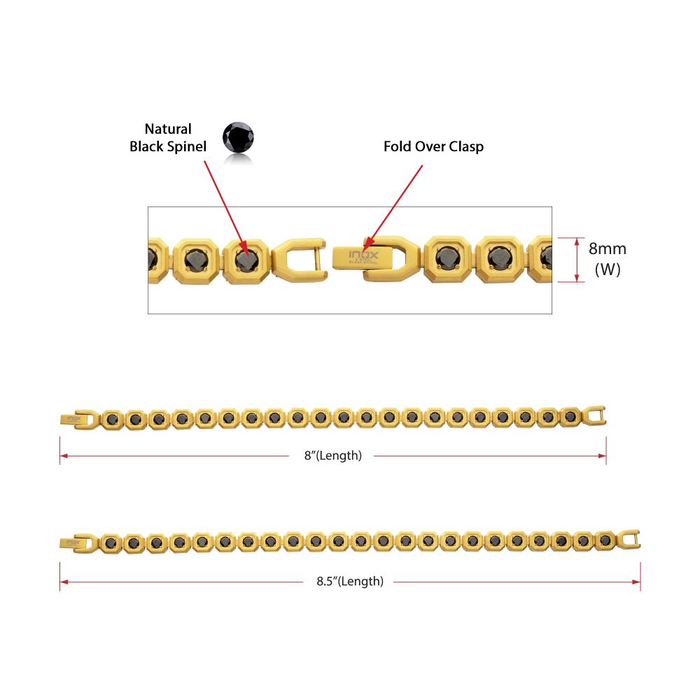 Men’s 8mm Gold & Black Spinel Golf Bracelet with Matte Octagon Links