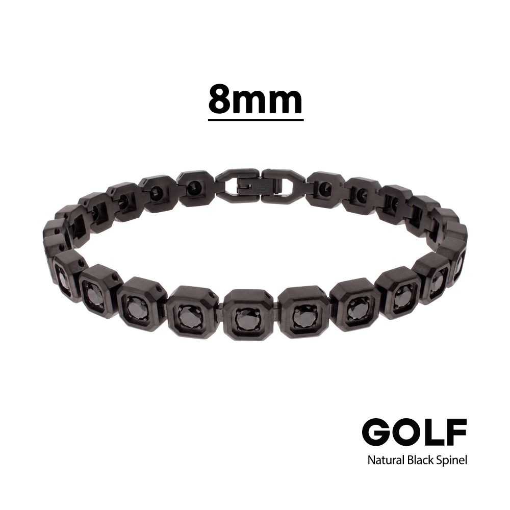 Men’s 8mm Black Spinel Golf Bracelet with Matte Black Stainless Steel Octagon Links