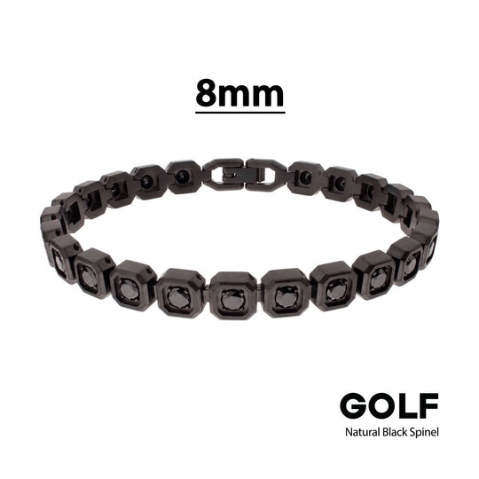 Men’s 8mm Black Spinel Golf Bracelet with Matte Black Stainless Steel Octagon Links