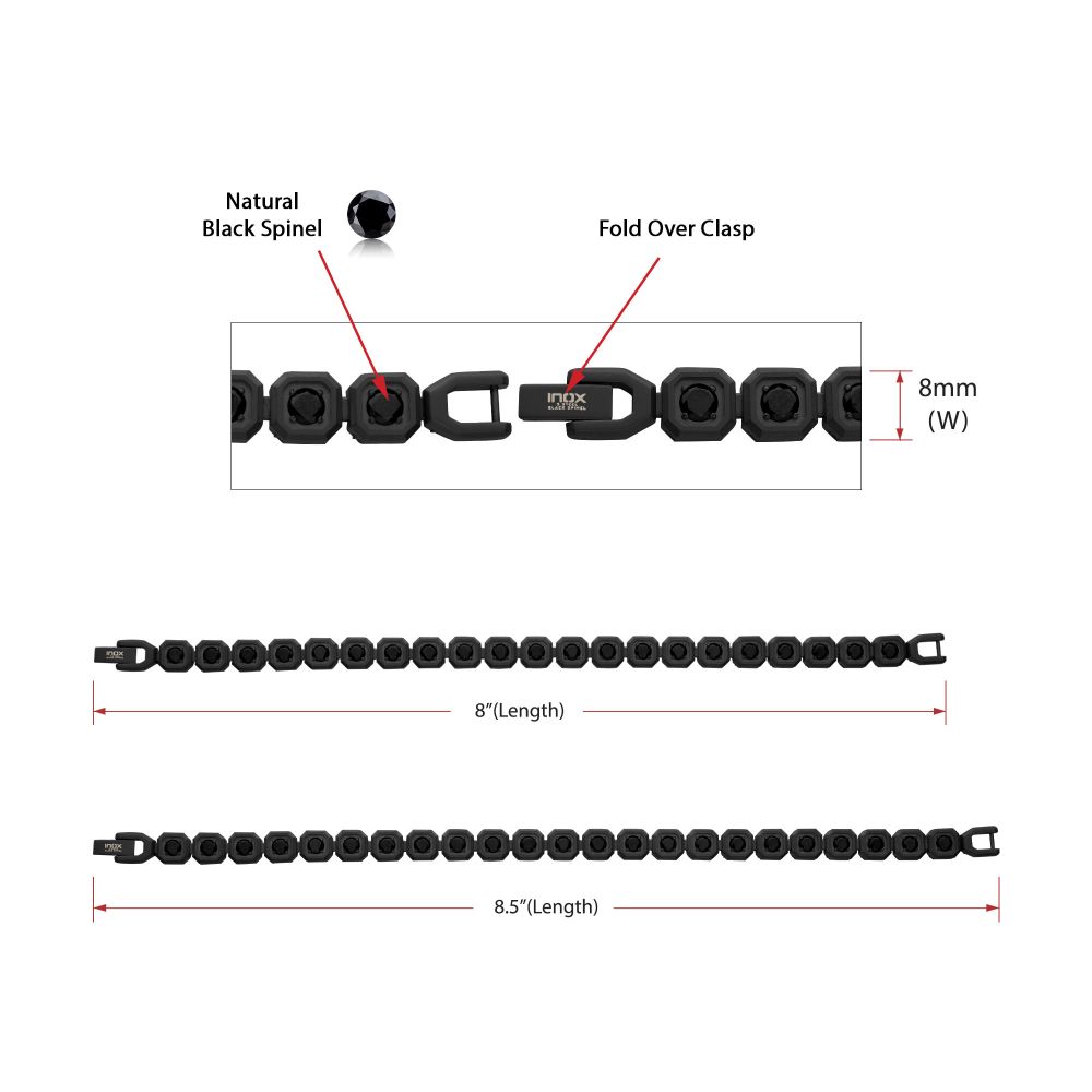Men’s 8mm Black Spinel Golf Bracelet with Matte Black Stainless Steel Octagon Links