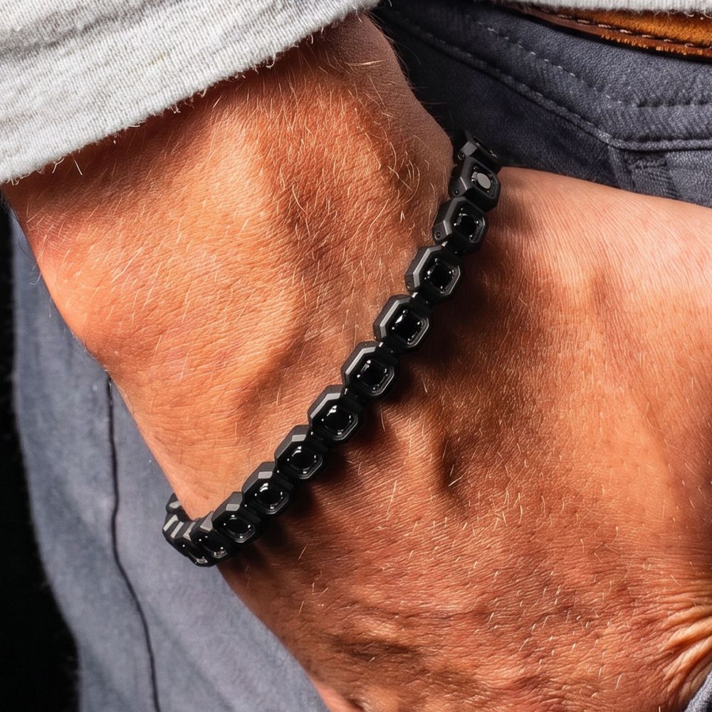 Men’s 8mm Black Spinel Golf Bracelet with Matte Black Stainless Steel Octagon Links