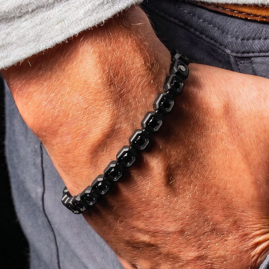 Men’s 8mm Black Spinel Golf Bracelet with Matte Black Stainless Steel Octagon Links
