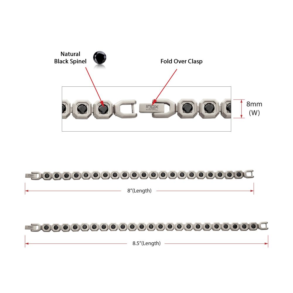 Men’s 8mm Black Spinel Golf Bracelet with Matte Stainless Steel Octagon Links