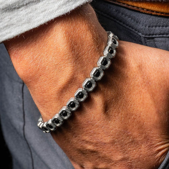 Men’s 8mm Black Spinel Golf Bracelet with Matte Stainless Steel Octagon Links
