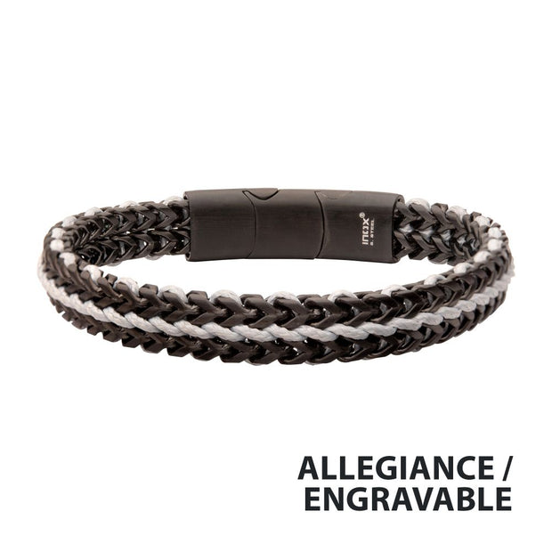 Matte Finish Black IP Stainless Steel Foxtail Chain with White Wax Cord Bracelet