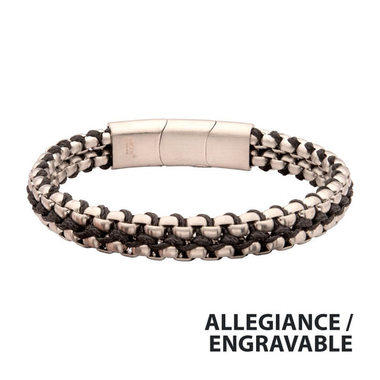 Men's Matte Finish Stainless Steel Box Chain with Black Wax Cord Bracelet - Adjustable Slide Clasp