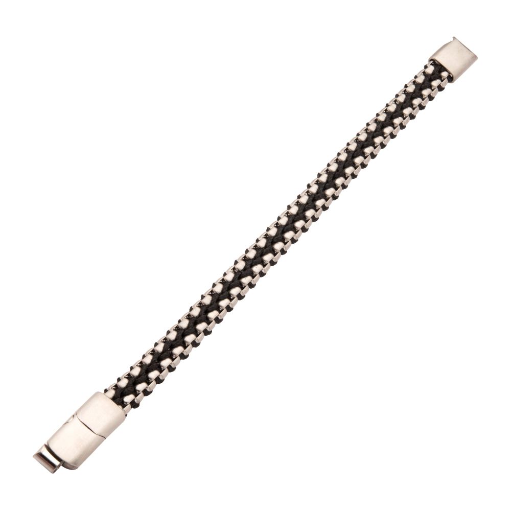 Men's Matte Finish Stainless Steel Box Chain with Black Wax Cord Bracelet - Adjustable Slide Clasp