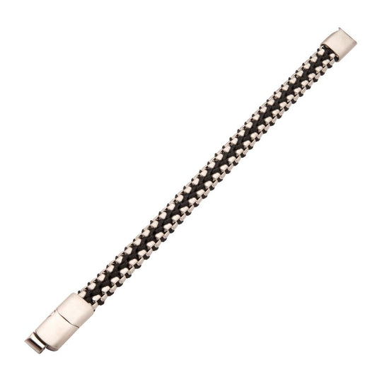 Men's Matte Finish Stainless Steel Box Chain with Black Wax Cord Bracelet - Adjustable Slide Clasp