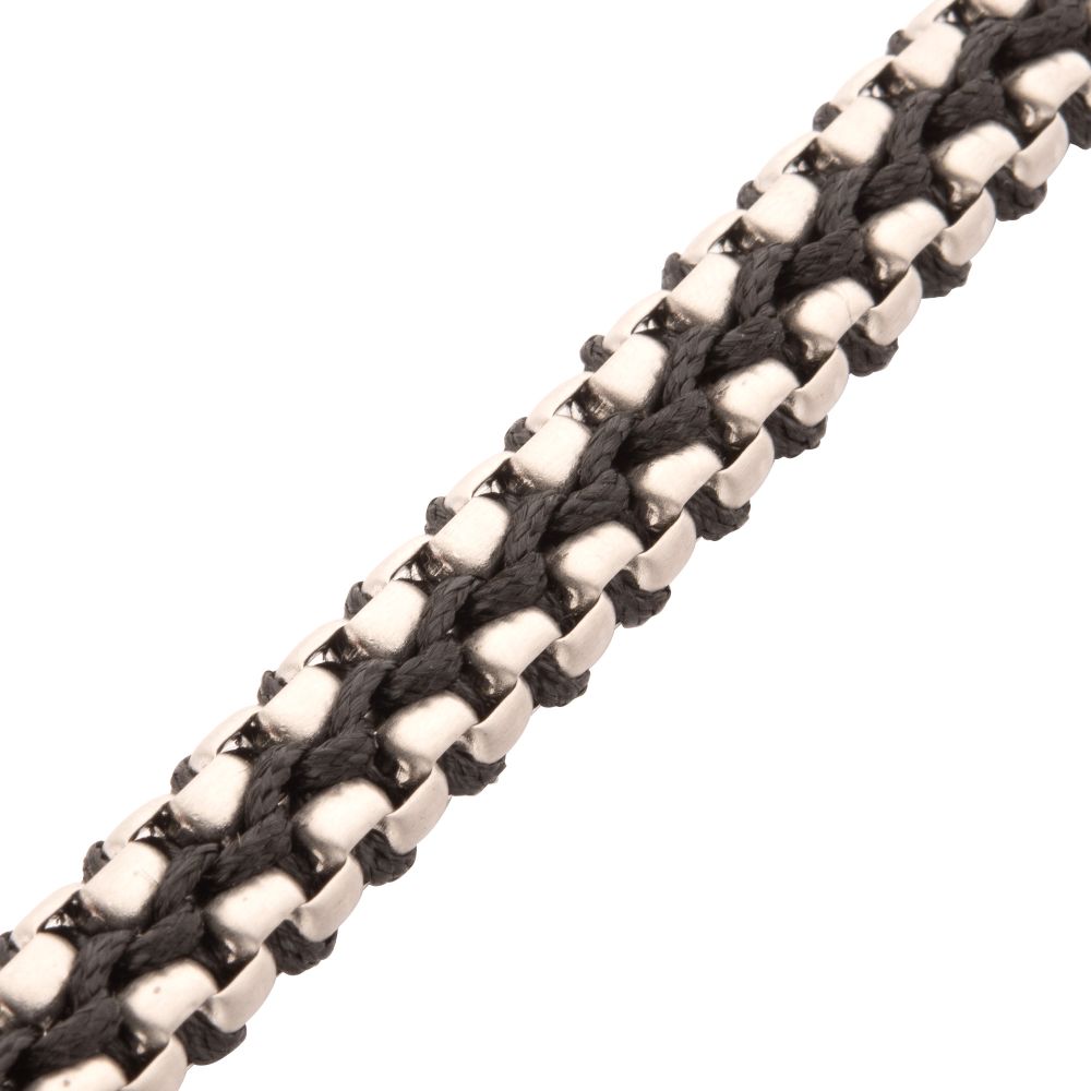Men's Matte Finish Stainless Steel Box Chain with Black Wax Cord Bracelet - Adjustable Slide Clasp