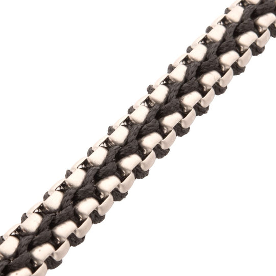 Men's Matte Finish Stainless Steel Box Chain with Black Wax Cord Bracelet - Adjustable Slide Clasp