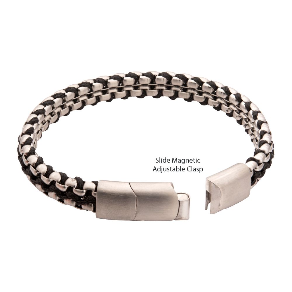 Men's Matte Finish Stainless Steel Box Chain with Black Wax Cord Bracelet - Adjustable Slide Clasp
