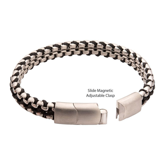 Men's Matte Finish Stainless Steel Box Chain with Black Wax Cord Bracelet - Adjustable Slide Clasp