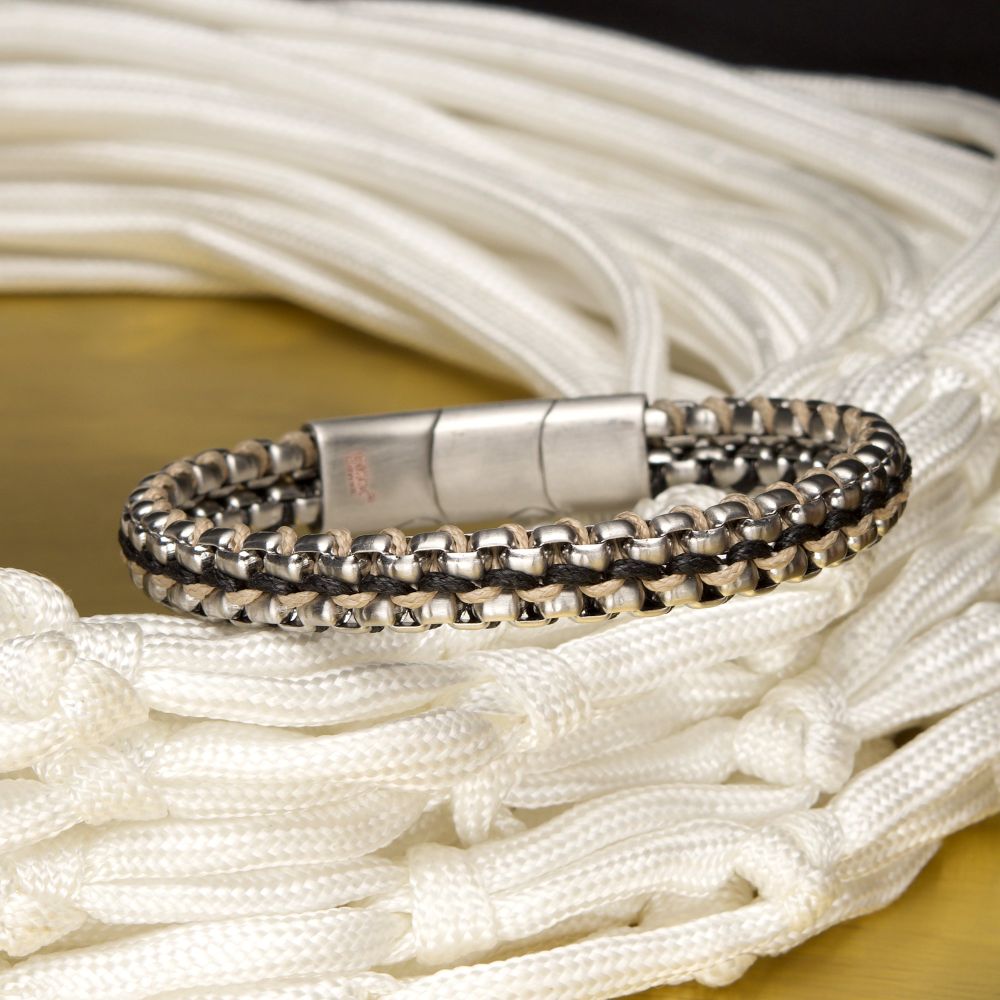 Men's Matte Finish Stainless Steel Box Chain with Black Wax Cord Bracelet - Adjustable Slide Clasp