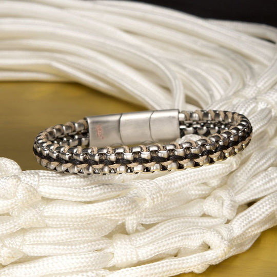 Men's Matte Finish Stainless Steel Box Chain with Black Wax Cord Bracelet - Adjustable Slide Clasp