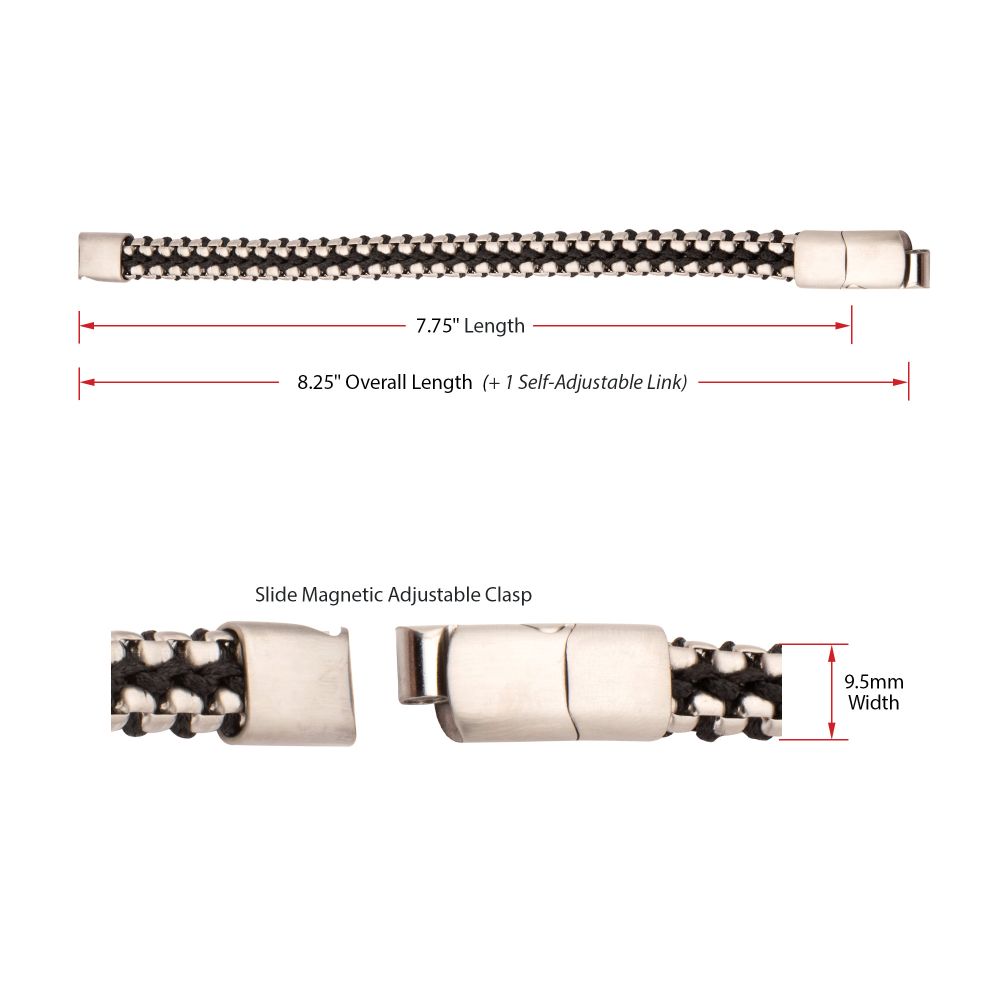 Men's Matte Finish Stainless Steel Box Chain with Black Wax Cord Bracelet - Adjustable Slide Clasp