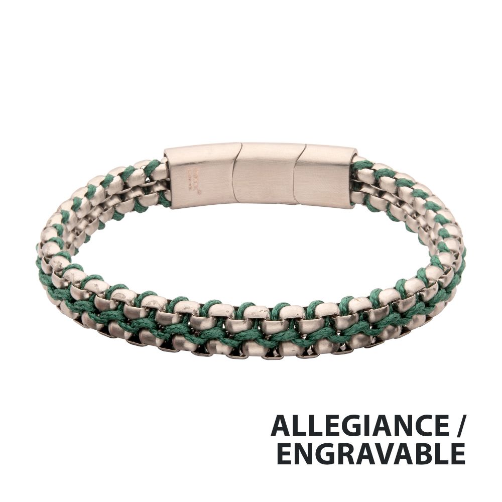 Men’s Matte Finish Stainless Steel Box Chain Bracelet with Green Wax Cord and Slide Magnetic Clasp