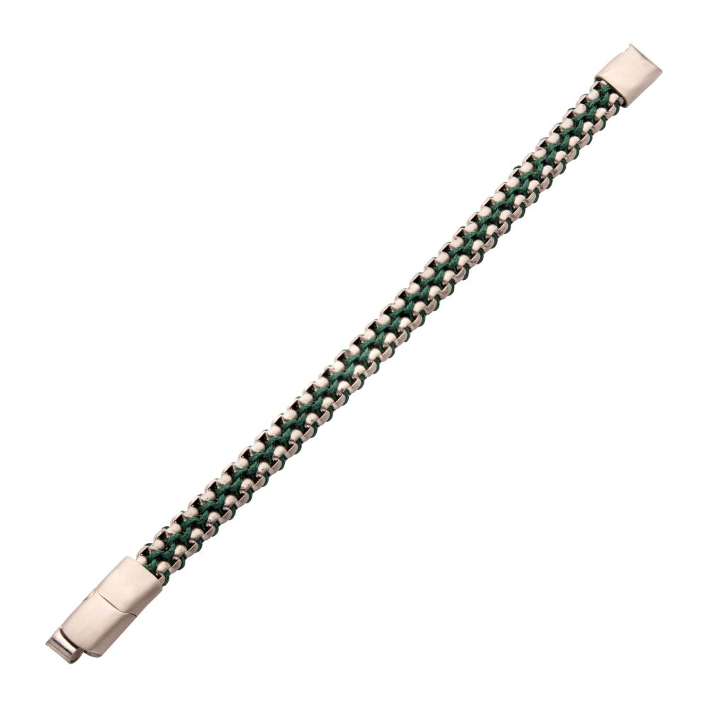 Men’s Matte Finish Stainless Steel Box Chain Bracelet with Green Wax Cord and Slide Magnetic Clasp
