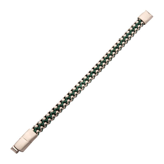 Men’s Matte Finish Stainless Steel Box Chain Bracelet with Green Wax Cord and Slide Magnetic Clasp
