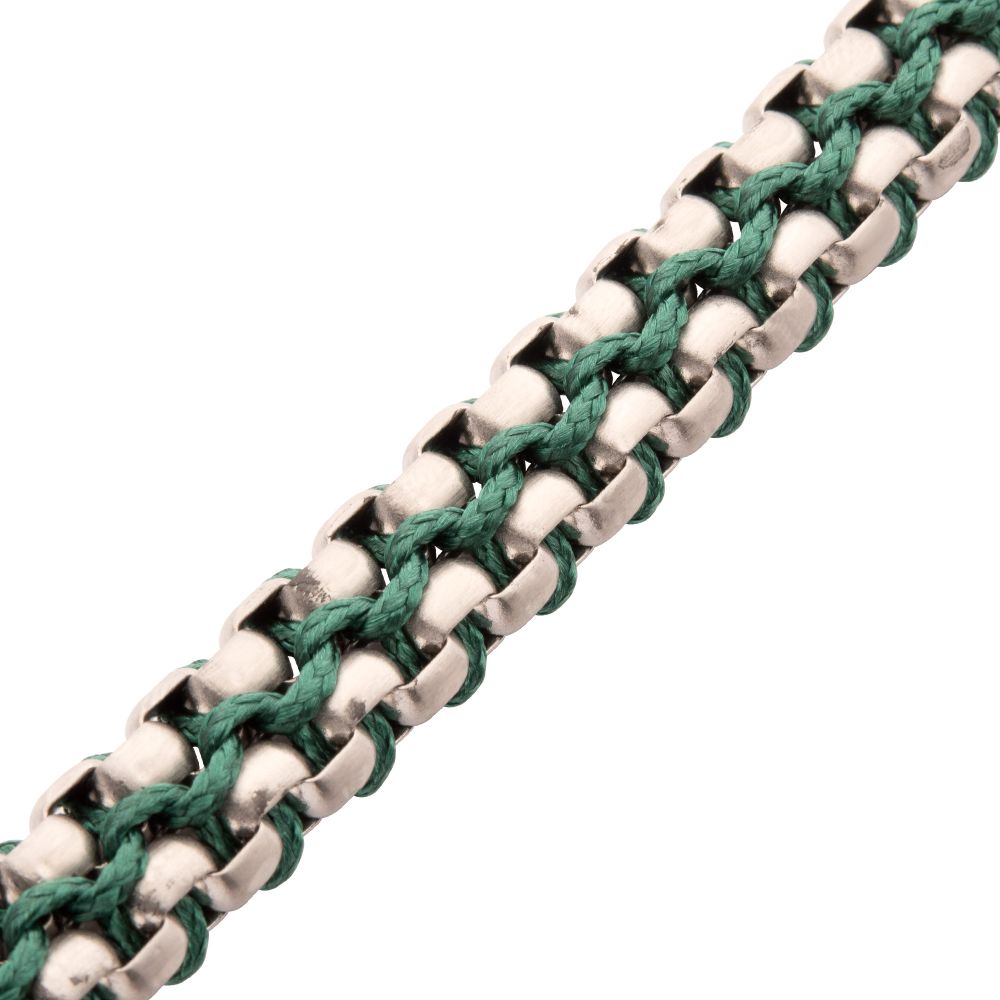 Men’s Matte Finish Stainless Steel Box Chain Bracelet with Green Wax Cord and Slide Magnetic Clasp