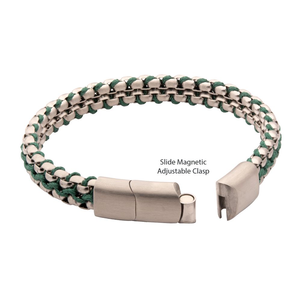 Men’s Matte Finish Stainless Steel Box Chain Bracelet with Green Wax Cord and Slide Magnetic Clasp