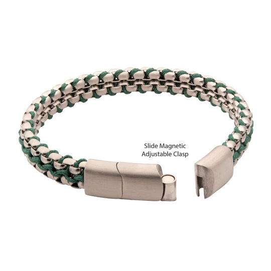 Men’s Matte Finish Stainless Steel Box Chain Bracelet with Green Wax Cord and Slide Magnetic Clasp