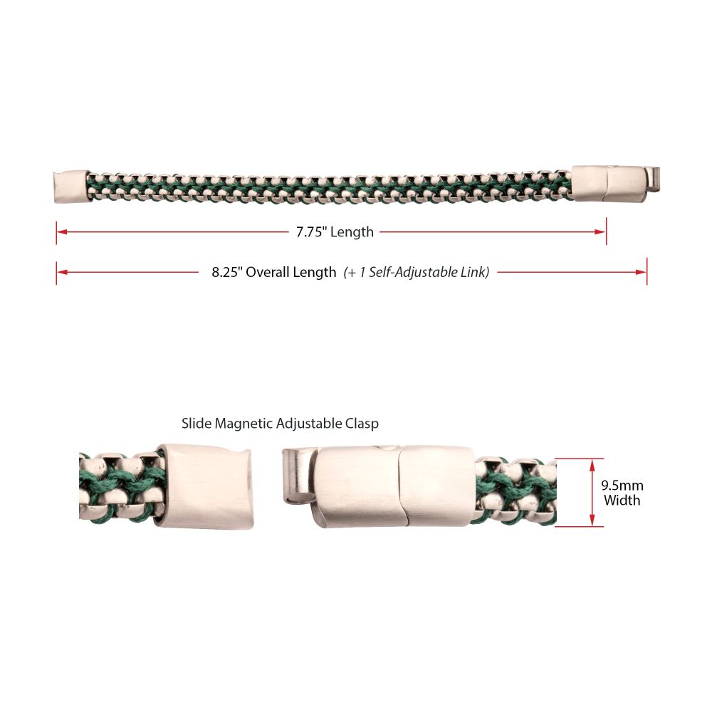 Men’s Matte Finish Stainless Steel Box Chain Bracelet with Green Wax Cord and Slide Magnetic Clasp