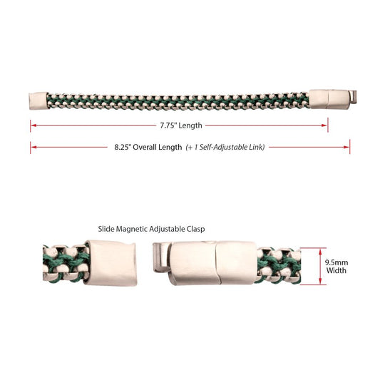 Men’s Matte Finish Stainless Steel Box Chain Bracelet with Green Wax Cord and Slide Magnetic Clasp