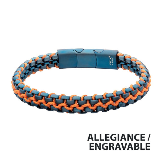Men's Matte Blue Stainless Steel Box Chain Bracelet with Orange Wax Cord and Magnetic Slide Clasp