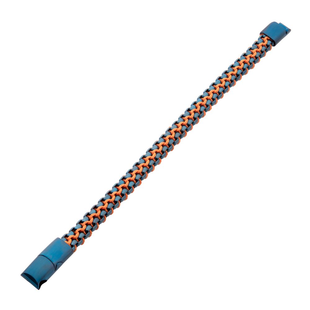 Men's Matte Blue Stainless Steel Box Chain Bracelet with Orange Wax Cord and Magnetic Slide Clasp
