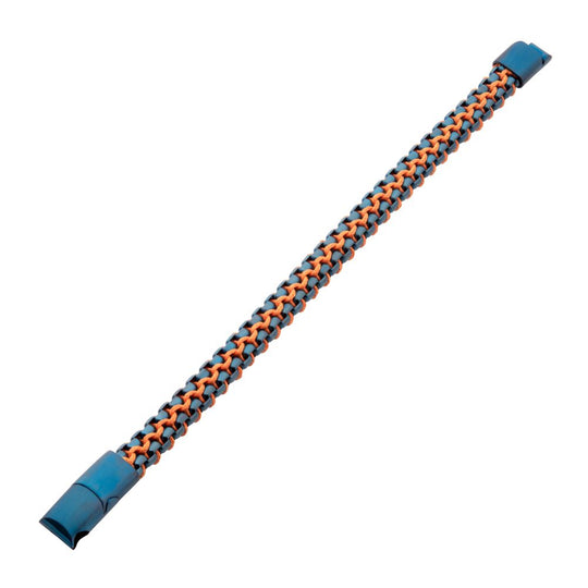 Men's Matte Blue Stainless Steel Box Chain Bracelet with Orange Wax Cord and Magnetic Slide Clasp