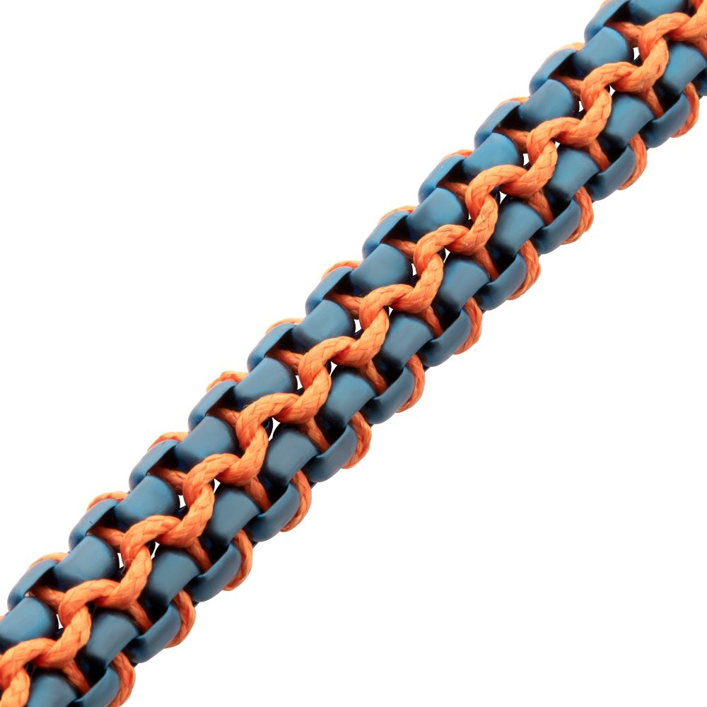 Men's Matte Blue Stainless Steel Box Chain Bracelet with Orange Wax Cord and Magnetic Slide Clasp