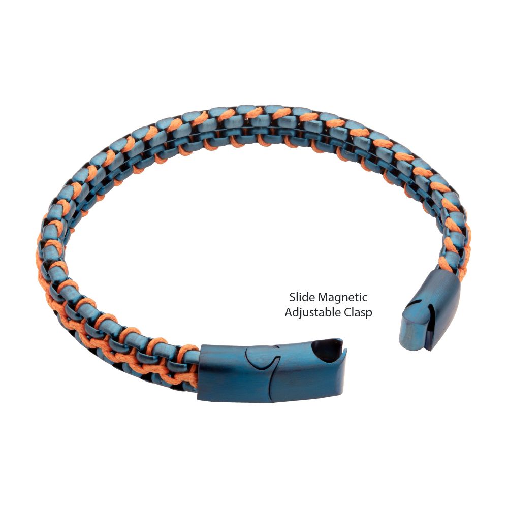 Men's Matte Blue Stainless Steel Box Chain Bracelet with Orange Wax Cord and Magnetic Slide Clasp
