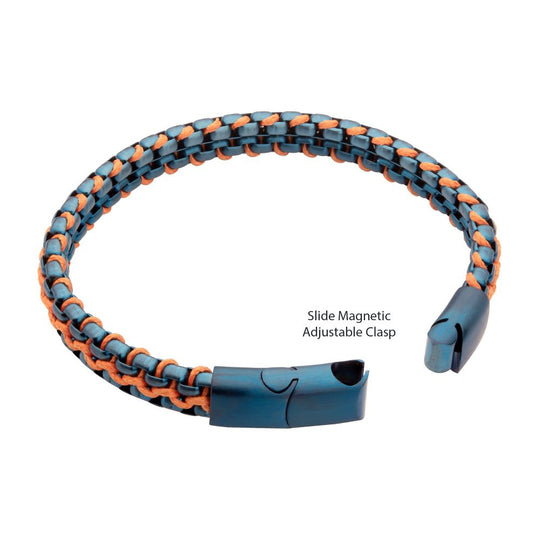 Men's Matte Blue Stainless Steel Box Chain Bracelet with Orange Wax Cord and Magnetic Slide Clasp