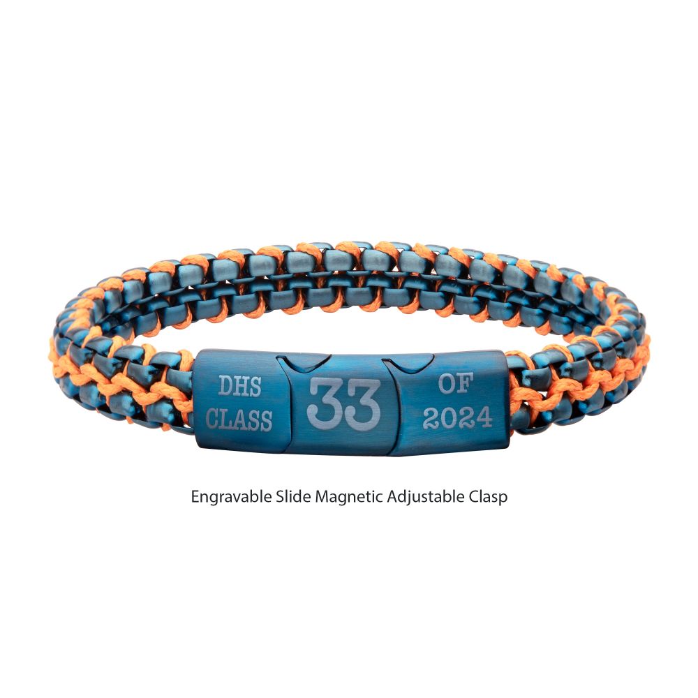 Men's Matte Blue Stainless Steel Box Chain Bracelet with Orange Wax Cord and Magnetic Slide Clasp