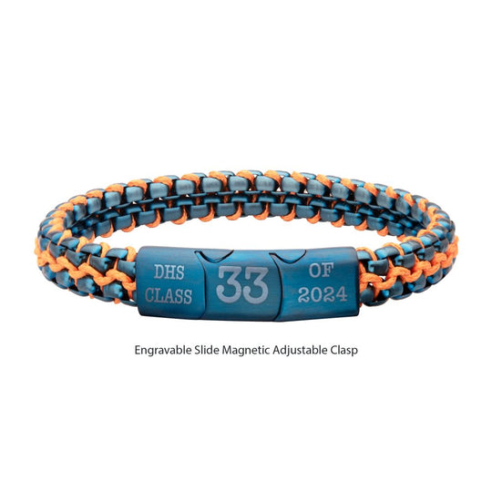 Men's Matte Blue Stainless Steel Box Chain Bracelet with Orange Wax Cord and Magnetic Slide Clasp
