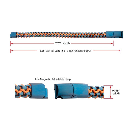 Men's Matte Blue Stainless Steel Box Chain Bracelet with Orange Wax Cord and Magnetic Slide Clasp