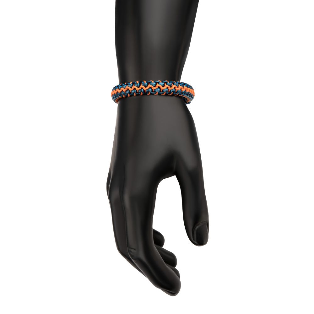 Men's Matte Blue Stainless Steel Box Chain Bracelet with Orange Wax Cord and Magnetic Slide Clasp