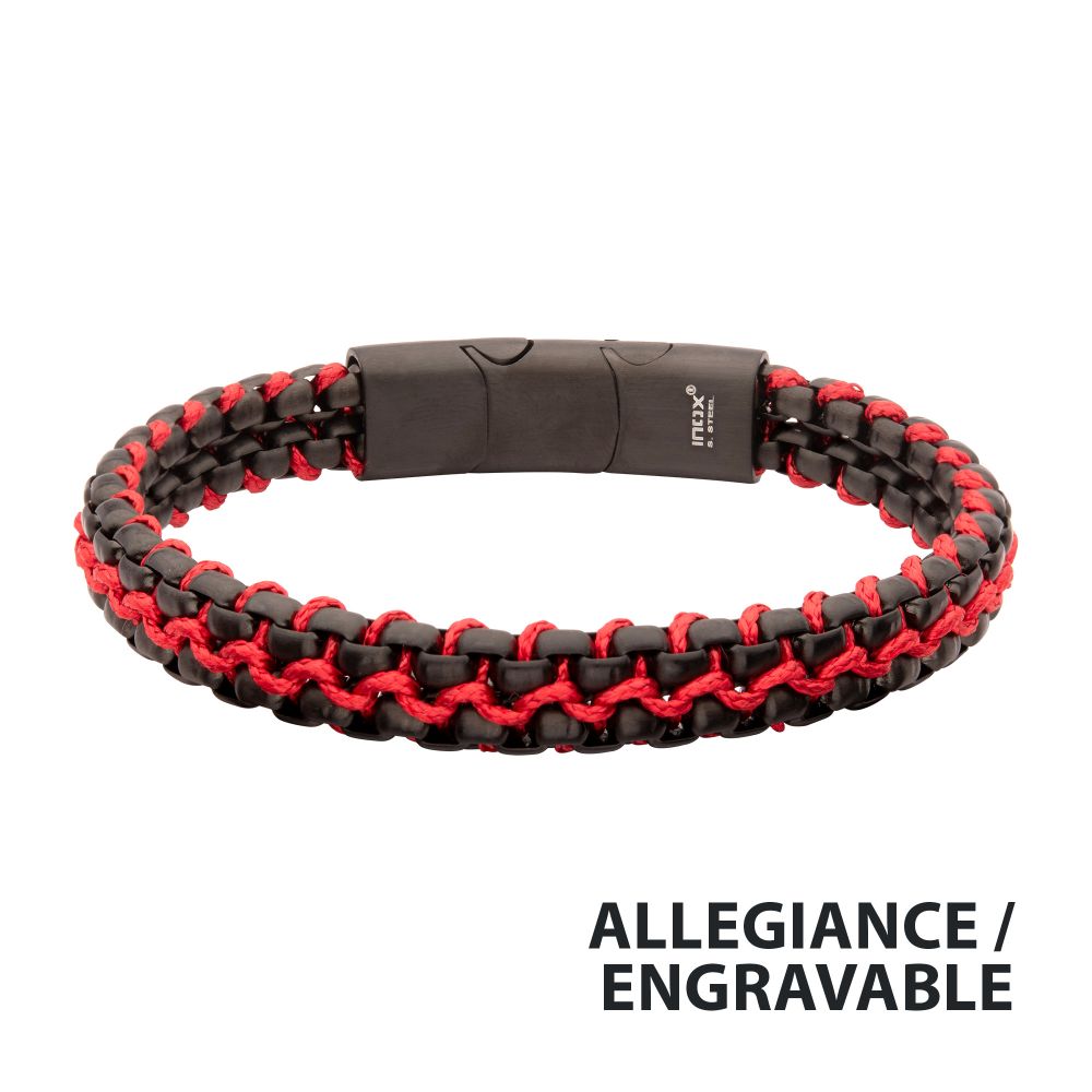 Men’s Matte Black Stainless Steel Box Chain Bracelet with Red Wax Cord & Magnetic Slide Clasp