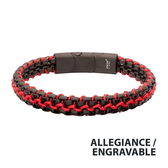 Men’s Matte Black Stainless Steel Box Chain Bracelet with Red Wax Cord & Magnetic Slide Clasp