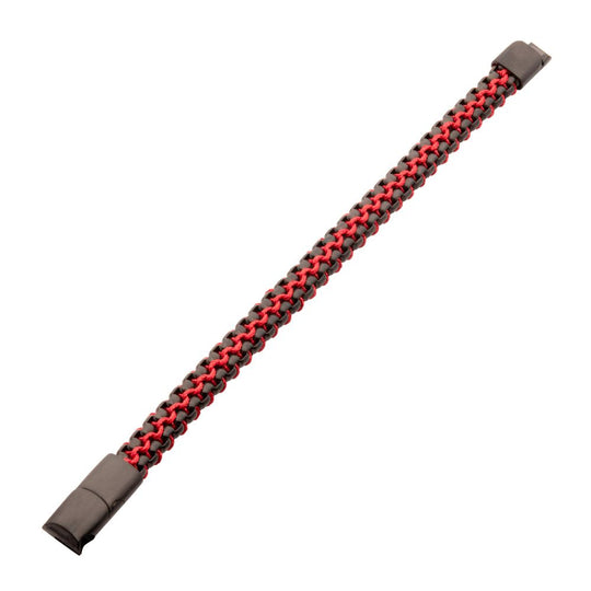 Men’s Matte Black Stainless Steel Box Chain Bracelet with Red Wax Cord & Magnetic Slide Clasp