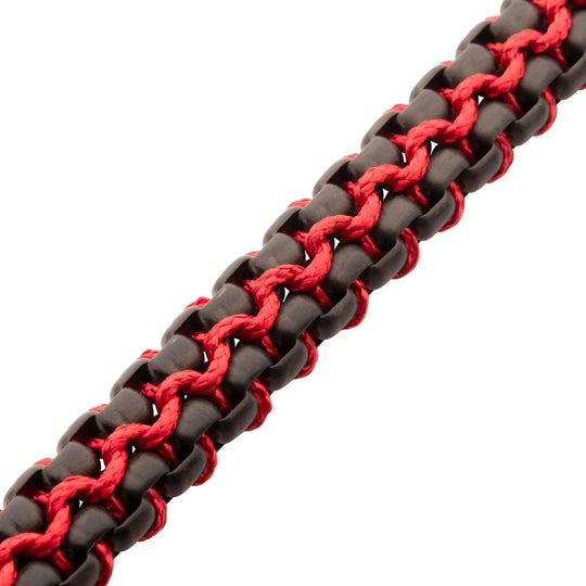 Men’s Matte Black Stainless Steel Box Chain Bracelet with Red Wax Cord & Magnetic Slide Clasp