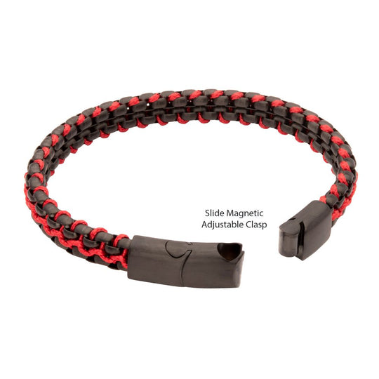 Men’s Matte Black Stainless Steel Box Chain Bracelet with Red Wax Cord & Magnetic Slide Clasp
