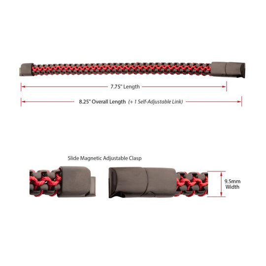 Men’s Matte Black Stainless Steel Box Chain Bracelet with Red Wax Cord & Magnetic Slide Clasp