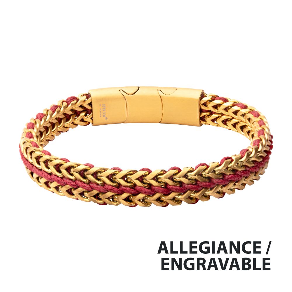 Men’s Matte Finish Gold IP Stainless Steel Foxtail Chain Bracelet with Red Wax Cord and Slide Magnetic Clasp
