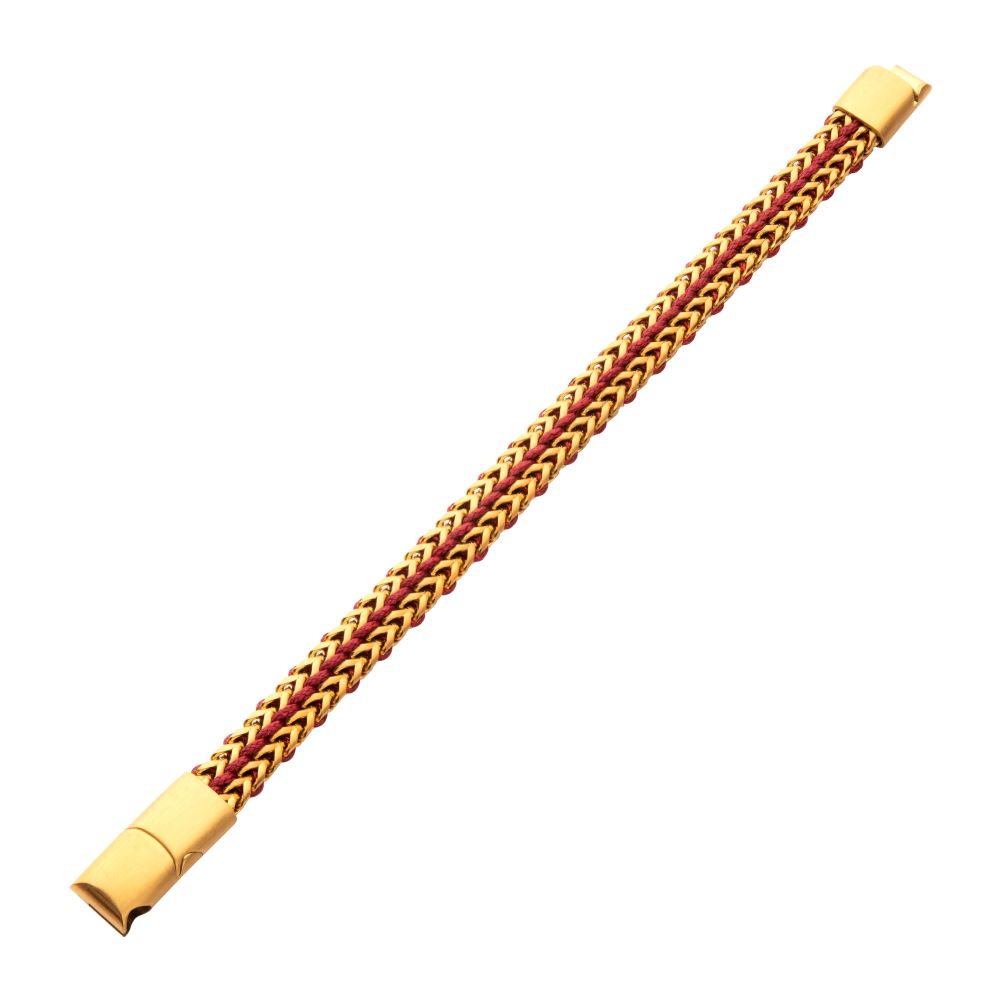 Men’s Matte Finish Gold IP Stainless Steel Foxtail Chain Bracelet with Red Wax Cord and Slide Magnetic Clasp