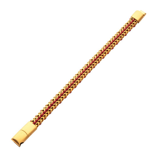 Men’s Matte Finish Gold IP Stainless Steel Foxtail Chain Bracelet with Red Wax Cord and Slide Magnetic Clasp