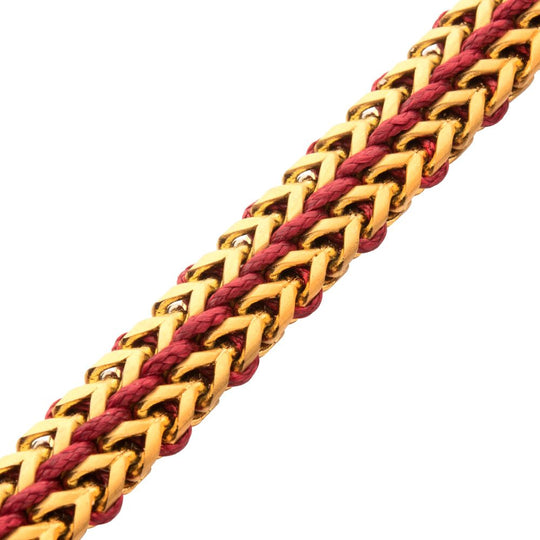Men’s Matte Finish Gold IP Stainless Steel Foxtail Chain Bracelet with Red Wax Cord and Slide Magnetic Clasp