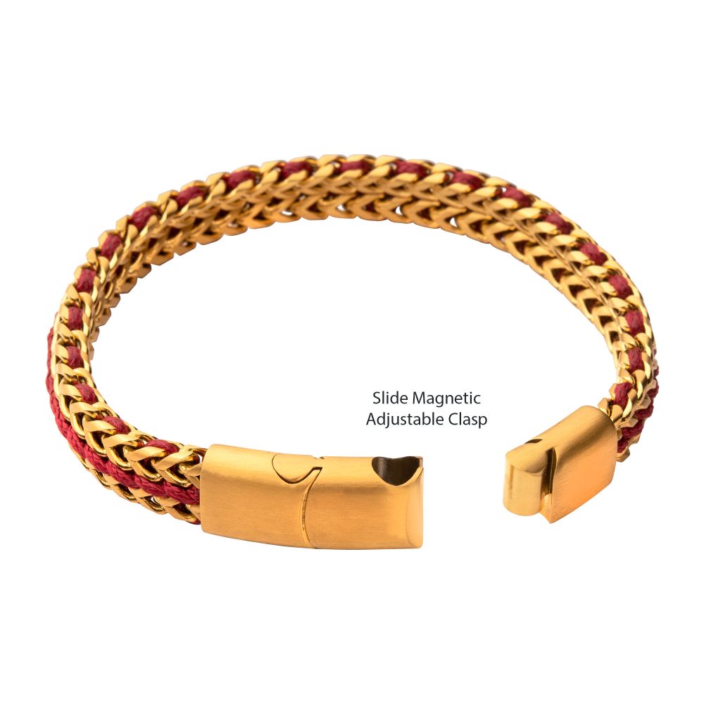 Men’s Matte Finish Gold IP Stainless Steel Foxtail Chain Bracelet with Red Wax Cord and Slide Magnetic Clasp
